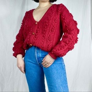 Wool Handmade Cable Knit Cardigan with Pom Poms